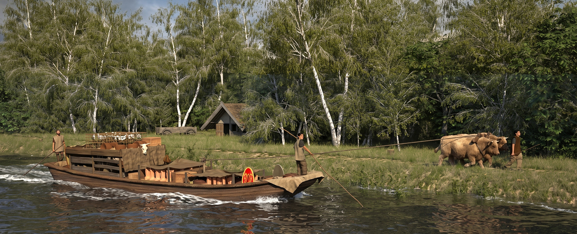 3-D Rekonstruktion realistisch eines keltischen Handelsschiffes, dass auf einem Fluss nahe an einem Ufer fährt. Im Hintergrund sieht man einen Wald und davor Ochsen und Menschen.