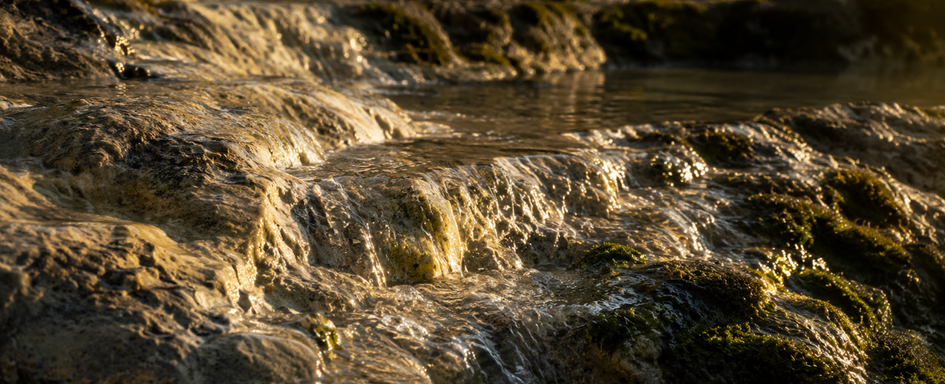 Wasser fließt in kleinen Kaskaden über helle Kalksteine und moosbewachsene Felsen. Die Szene zeigt eine natürliche Karstlandschaft im warmen Abendlicht.