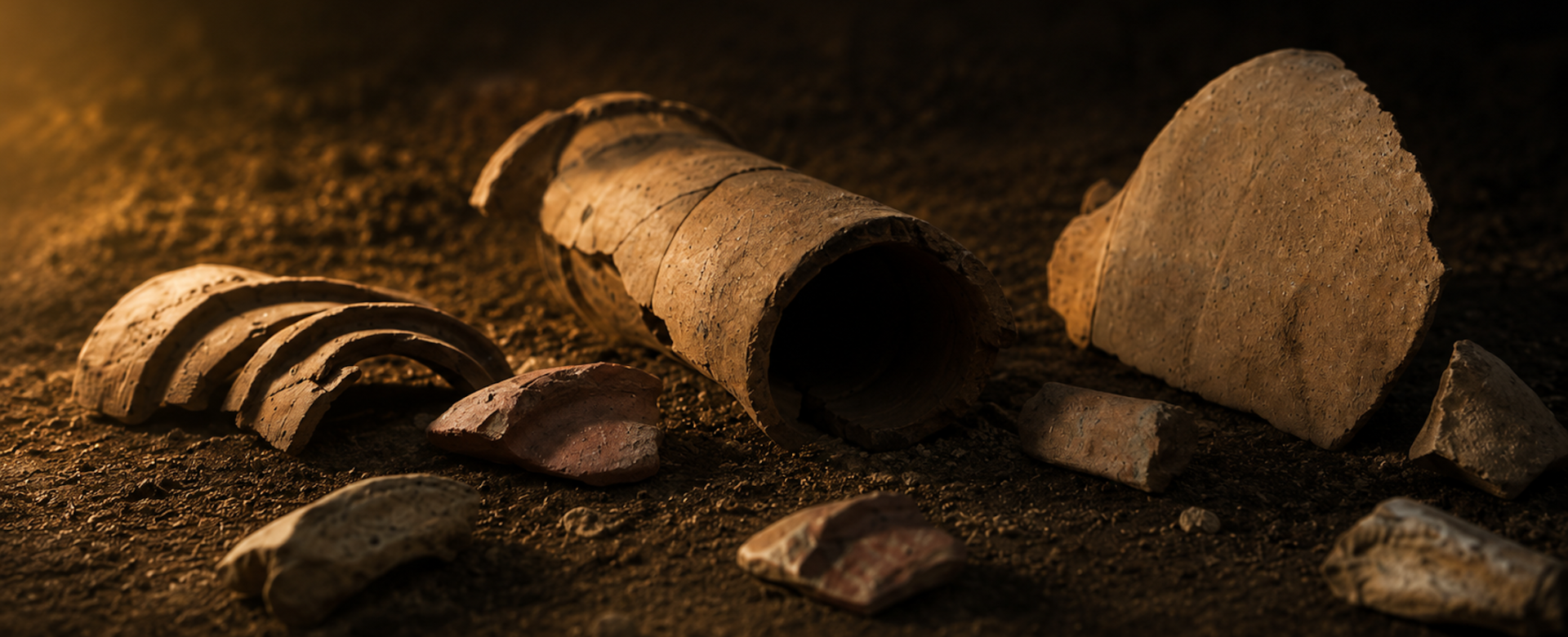 Mehrere zerbrochene Keramikgefäße und Scherben liegen auf einem dunklen Untergrund und veranschaulichen archäologische Funde aus der Keltenzeit.