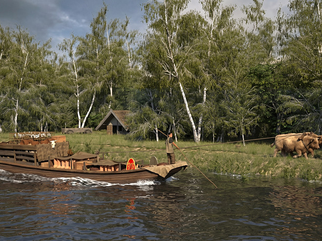 Eine Illustration keltischen Warenhandels auf dem Fluss. Auf dem Fluss fährt ein keltisches mit Waren beladenes Schiff, das gezogen wird von im Hintergrund sich befinden im Ochsen.
