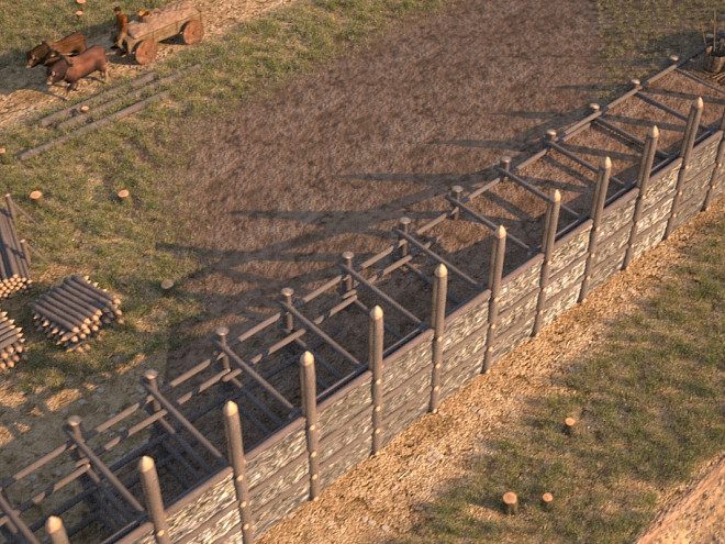 Eine Illustration einer keltischen Wallbaustelle mit geschlagenem Holz, Holzgerüst, Erdaufschüttungen, Steinwällen und Arbeitern.