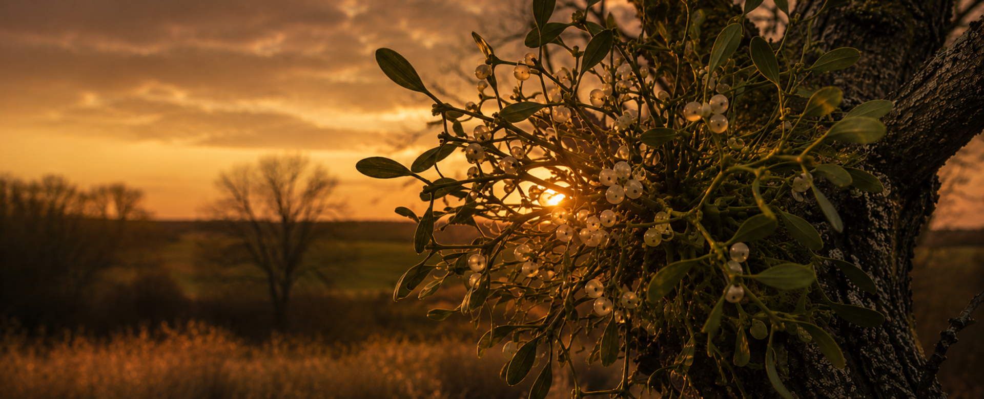 Eine Mistel auf einem Baum in dunkler Abend Atmosphäre im Hintergrund der Sonnenuntergang