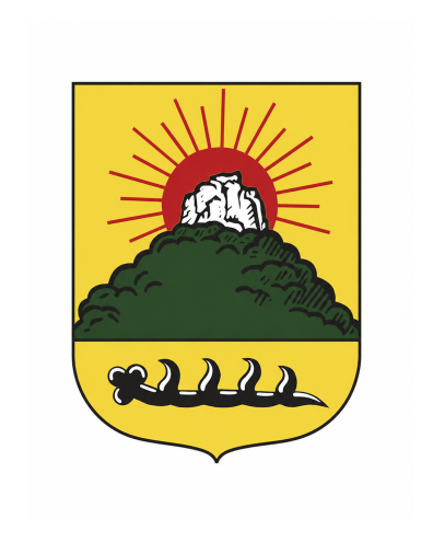 Wappen der Gemeinde Eckenweiler, gelber Hintergrund, grüne Hügel, darauf ein weißer Stein, hinter dem eine rote Sonne aufgeht, darunter das Württemberger Geweih in schwarz