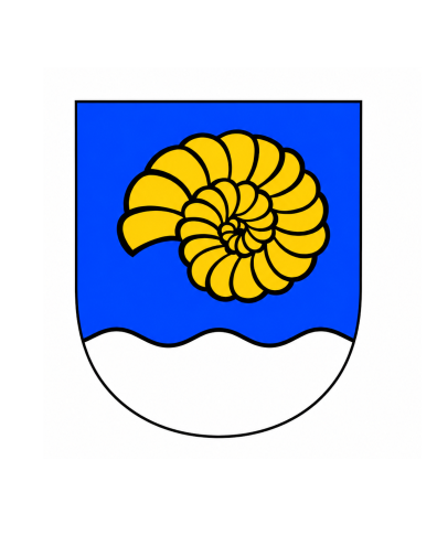 Das Wappen der Gemeinde Hülben, blauer Hintergrund, ein gelber Ammonit und darunter ein Feld mit weißen Wellen.