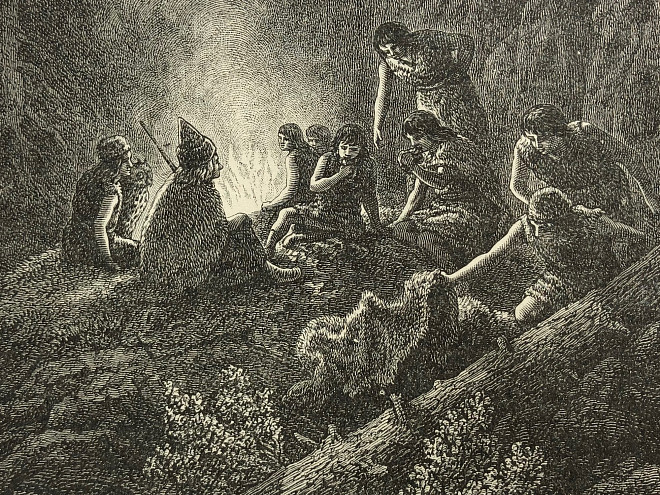 Historische Illustration aus Rulaman: Steinzeitliche Menschen sitzen gemeinsam um ein Lagerfeuer in einer Höhle.