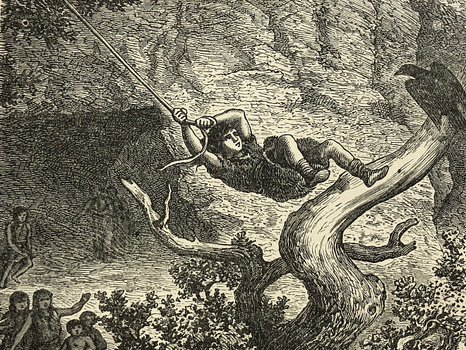 Historische Illustration aus Rulaman: Steinzeitlicher Junge schwingt an einer Liane über eine Schlucht.