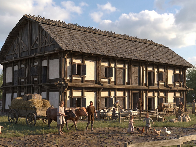 Illustration eines doppelstöckigen keltischen Hauses mit landwirtschaftlichem Treiben davor.
