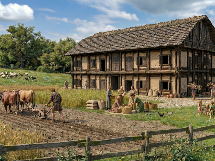 Illustration eines keltischen Hauses im Vordergrund pflügt ein Mann mit einem Ochsenpflug ein Feld, rundherum landwirtschaftliches Treiben.