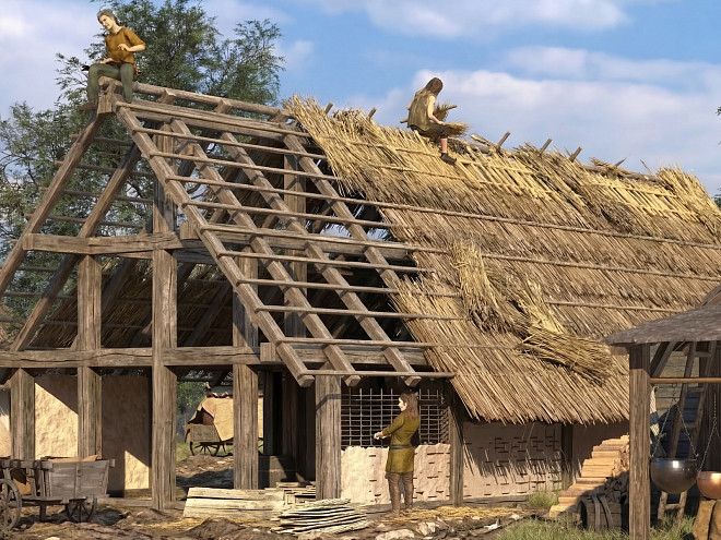 Eine Illustration eines halb gedeckten keltischen Holzhauses, auf der anderen Hälfte des Daches deckt ein keltischer Handwerker das Dach gerade mit Stroh.