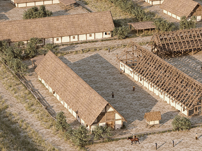 Illustratives Luftbild einer Ansammlung ketlsicher Langhäuser unterschiedlicher Bauphasen.