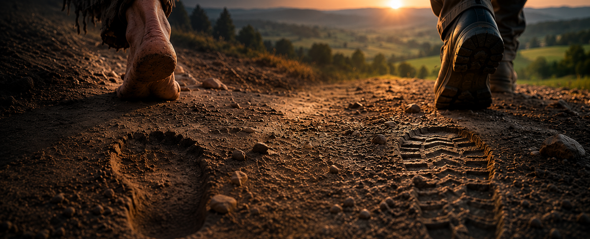 Ein barfüßiger Mensch und ein Wanderer mit modernem Bergschuh gehen auf demselben Weg durch die Landschaft. Im Vordergrund sind ein nackter Fußabdruck und der Abdruck eines Profilschuhs im Boden zu sehen. Die tief stehende Abendsonne taucht die hügelige Kulturlandschaft in warmes Licht und symbolisiert die Verbindung zwischen Vergangenheit und Gegenwart.