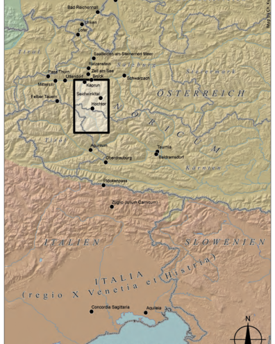 Reliefkarte vom Bereich des Groẞglockner mit seinen Fundplätzen von Fiebeln (deutsche Seite bis Italien) sowie der angenommenen Überquerungsroute bis zur nördlichen Adriaküste