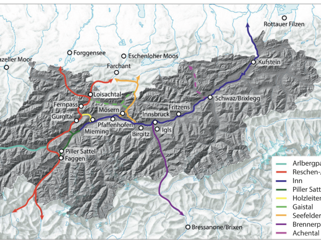 Reliefkarte von Nordtirol mit seinen angenommenen Routen über die Alpen aus vorrömischer Zeit