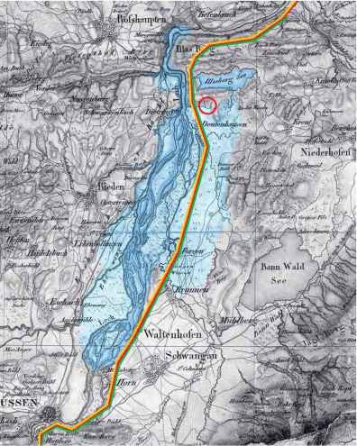 Reliefkarte von Keltenweg, Raeterweg und Römerweg über den Lech bei Füssen