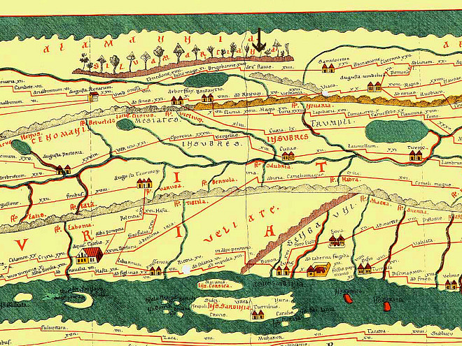 Ein Kartenausschnitt der Tabula Peutingeria im Bereich von Rottweil bis Römerstein-Donnstetten. Das damalige Urach mit seinen Verbindungen sind ebenfalls sichtbar.