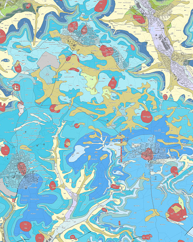 Geologische Karte der Region um den Heidengraben mit farblich markierten Gesteinsschichten, vulkanischen Schloten und Tälern; sie zeigt, wie wasserstauende Schichten und der Kirchheimer Vulkanismus lokale Grund- und Oberflächenwasservorkommen begünstigen.