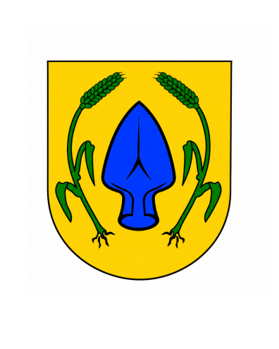 Das Wappen der Gemeinde Grabenstetten, ein blauer Spaten auf gelben Grund von grünen Ähren umrahmt